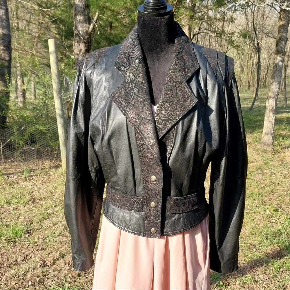 Vintage Elegant Black Leather Jacket with Paisley Details